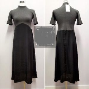 ZARA Knit Satin Combination High Neck Grey Black Flowy Midi Dress Size S